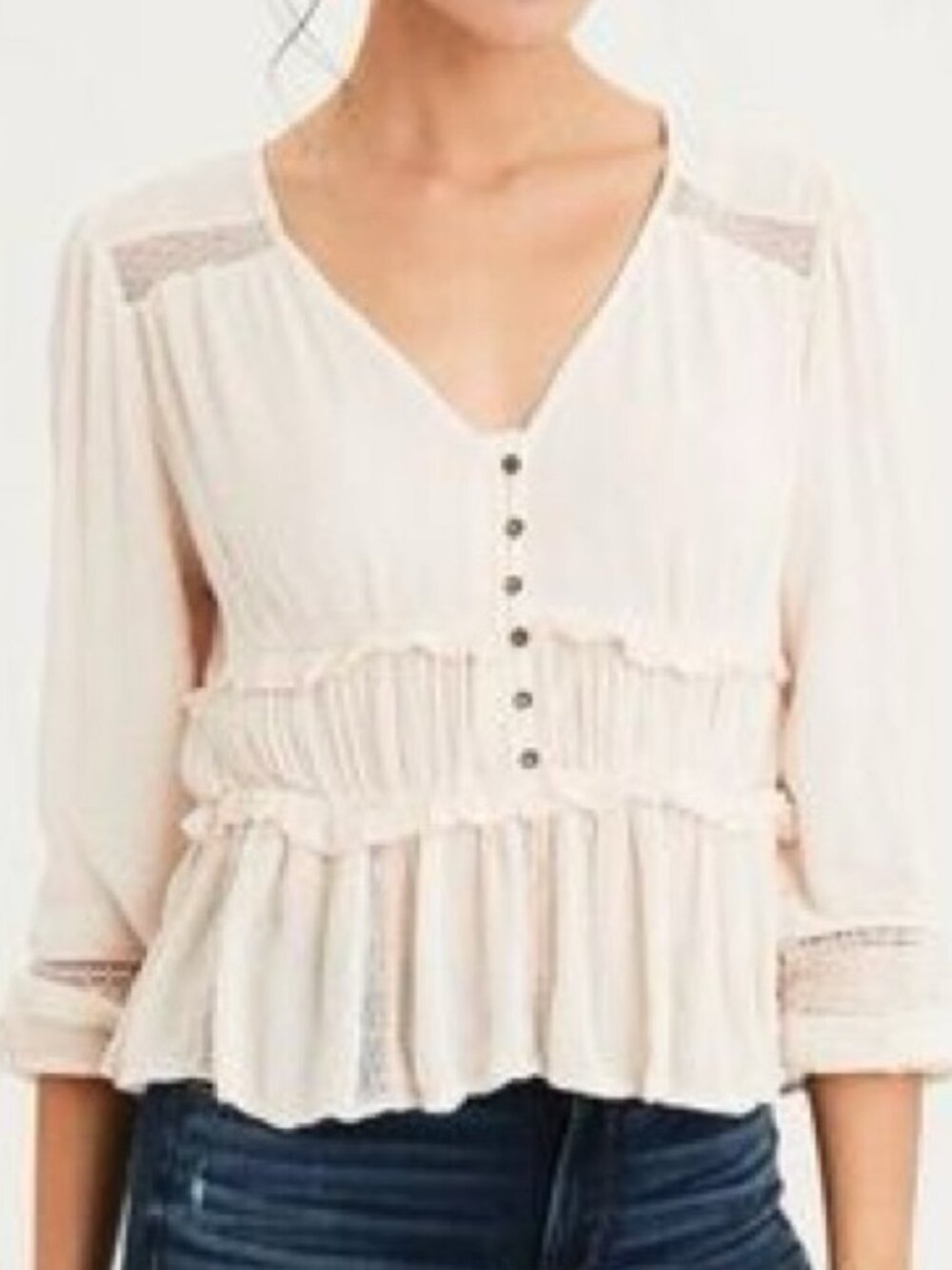 American Eagle Lace Trim Tiered Babydoll Blouse Cream Small